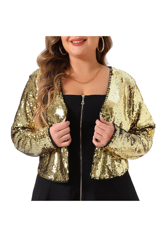 SEQUIN GLITTER SHINNY METALLIC SHRUG JACKET, Gold / Gold, alternate image number 2