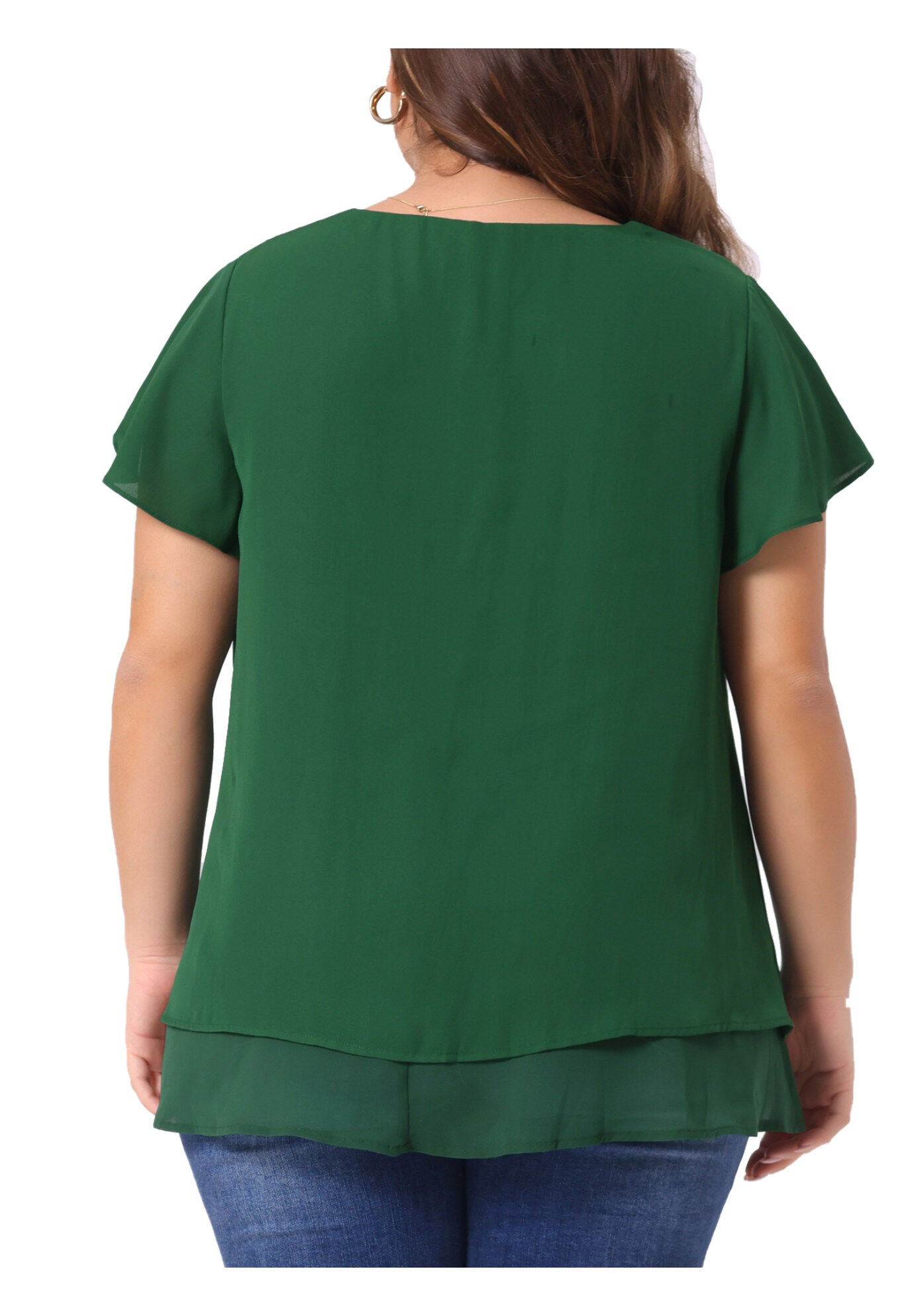 Summer Top Ruffle Short Sleeve V Neck Double Layered Hem Chiffon Blouse, Green / Forest Green, alternate image number 3