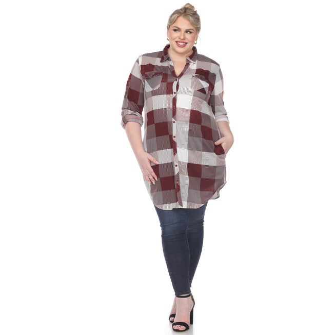 Plaid Button Down Tunic Shirt, Burgundy White / Burgundy, alternate image number null