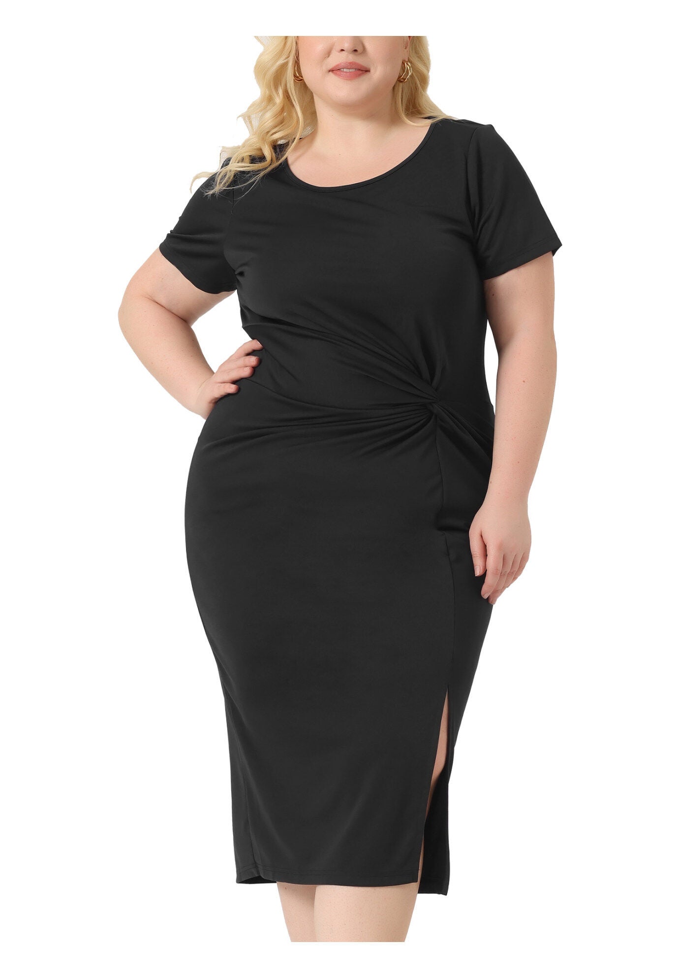 Round Neck Knot Front Short Sleeve Side Split Dress, Black / Black, alternate image number 2