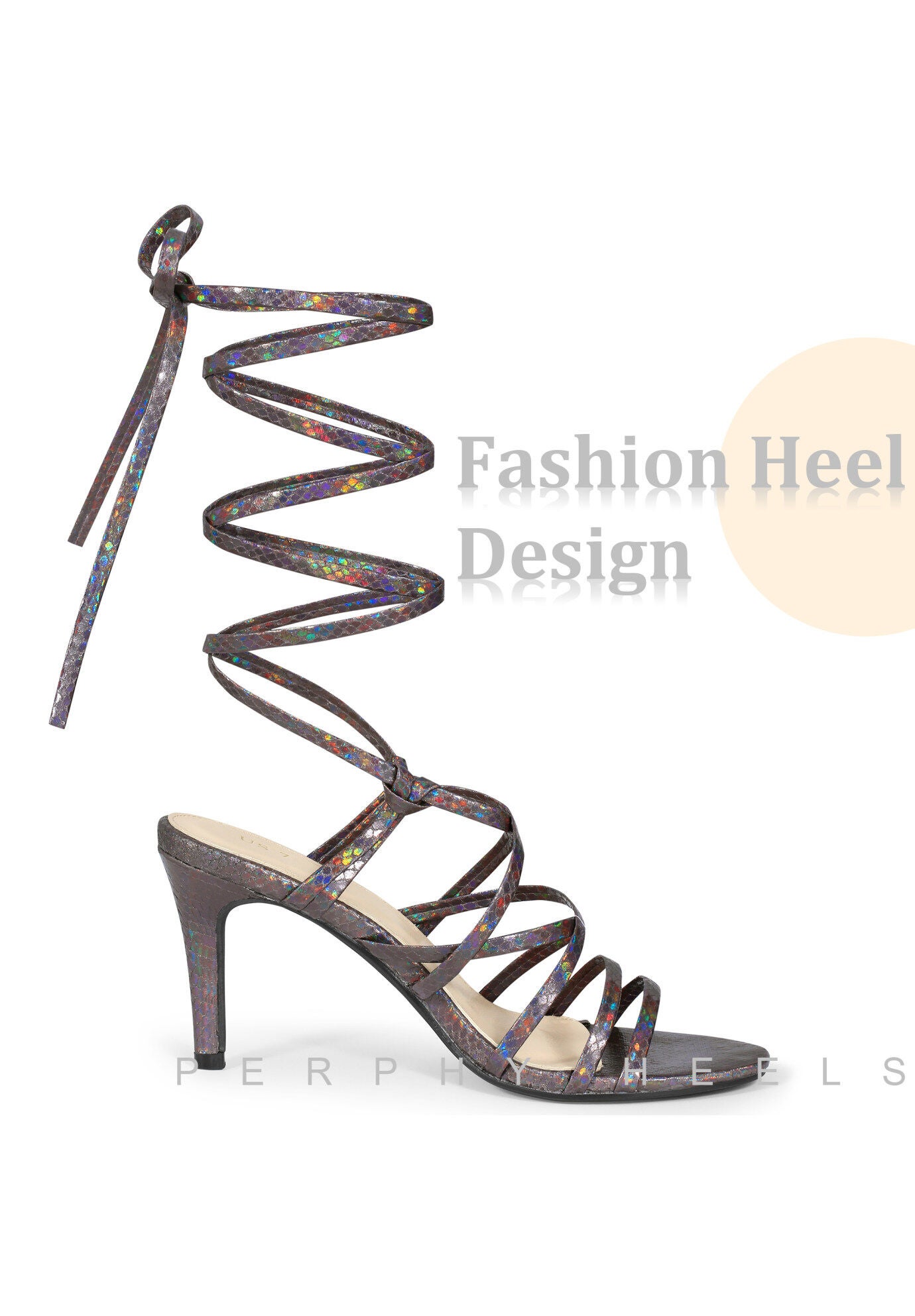 Snakeskin Strappy Lace Up Stiletto Heels Gladiator Sandals, Gunmetal / Charcoal Grey, alternate image number 3