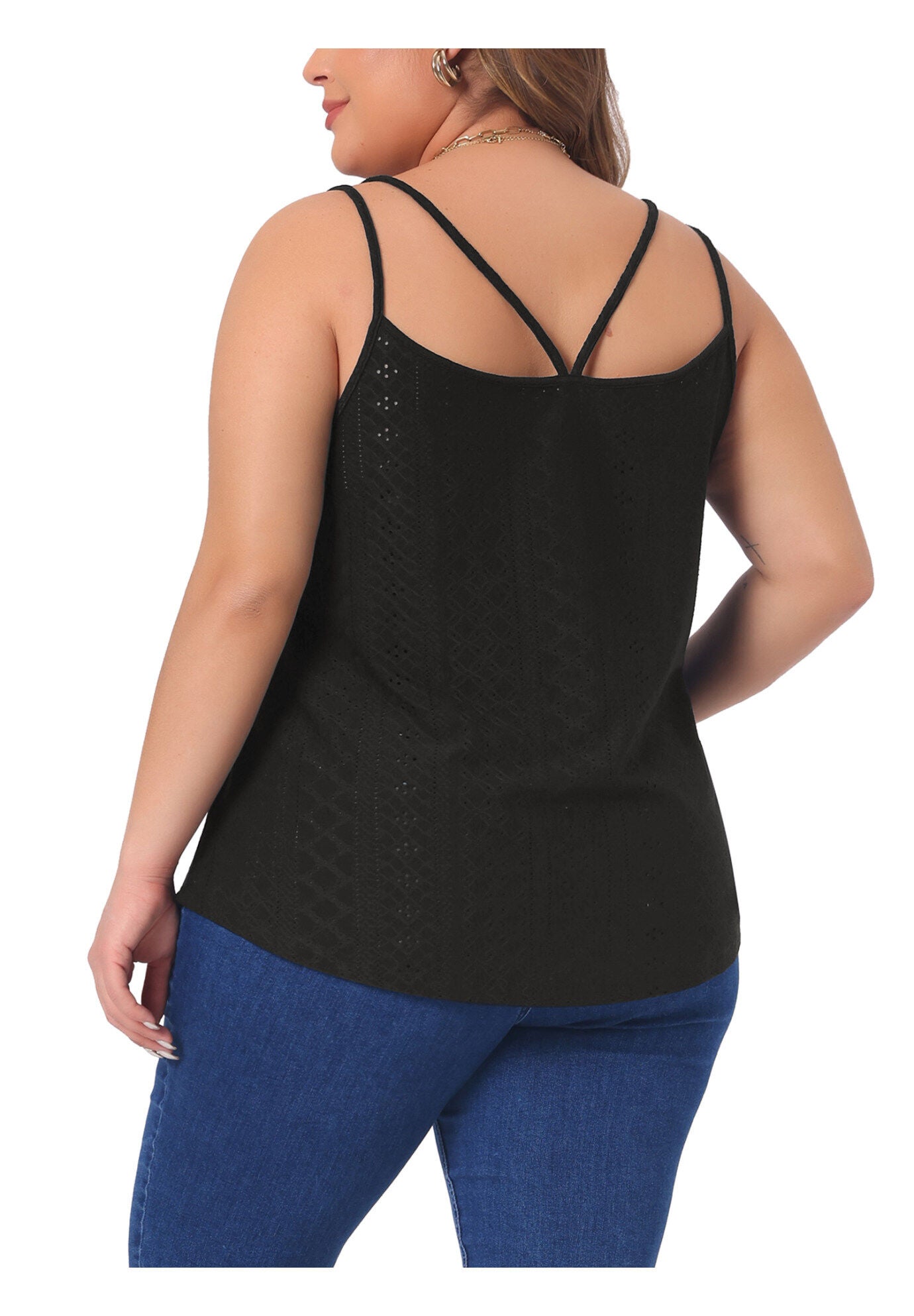 Eyelet Embroidery Sleeveless Spaghetti Strap Loose Fit Cami Tank Top, Black / Black, alternate image number 1