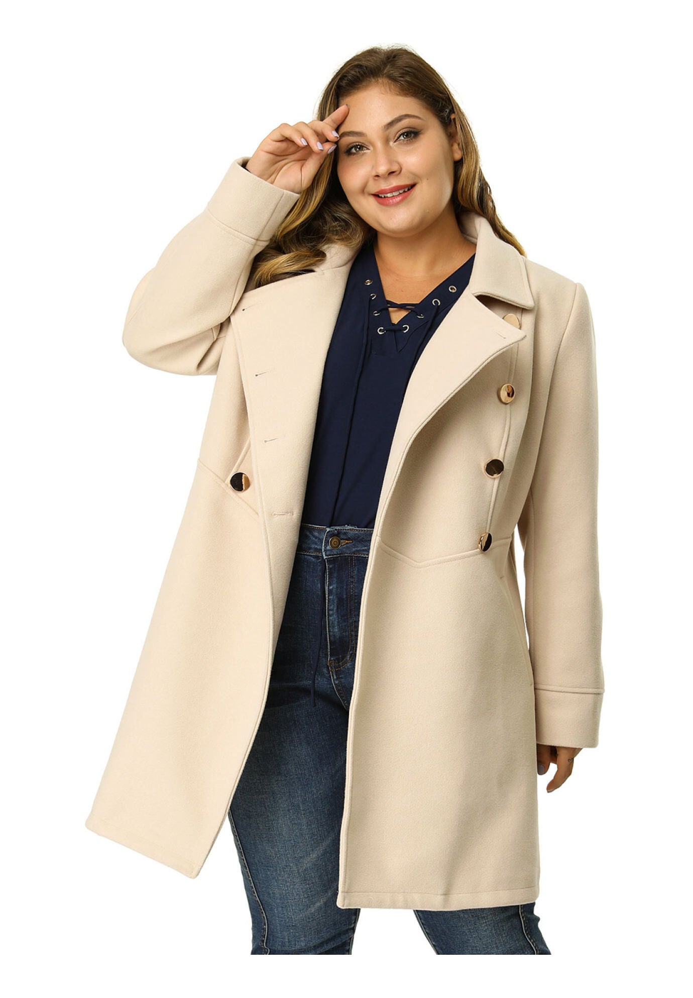 A-Line Peter Pan Collar Double Breasted Peacoat, Beige / Beige, hi-res image number 0