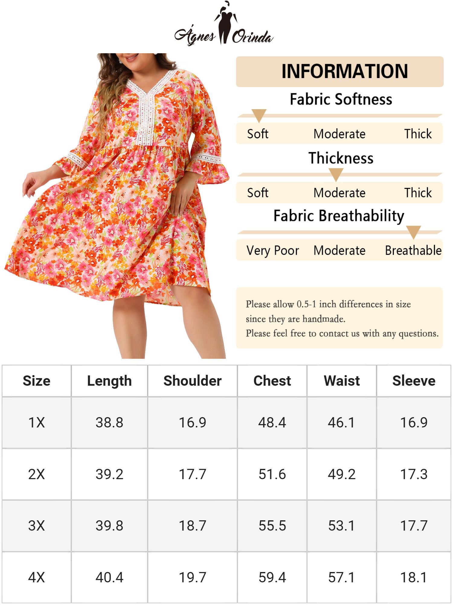 Vintage Lace Floral Ruffle V Neck 3/4 Sleeve Midi Babydoll Dress, Orange / Orange, alternate image number 4