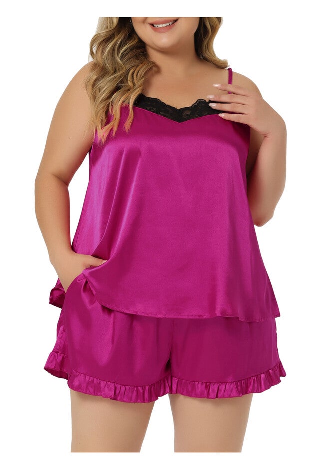 LINGERIE SLEEPWEAR 2 PIECE CAMI SHORTS PAJAMA SET, Hot Pink / Pink, alternate image number 1