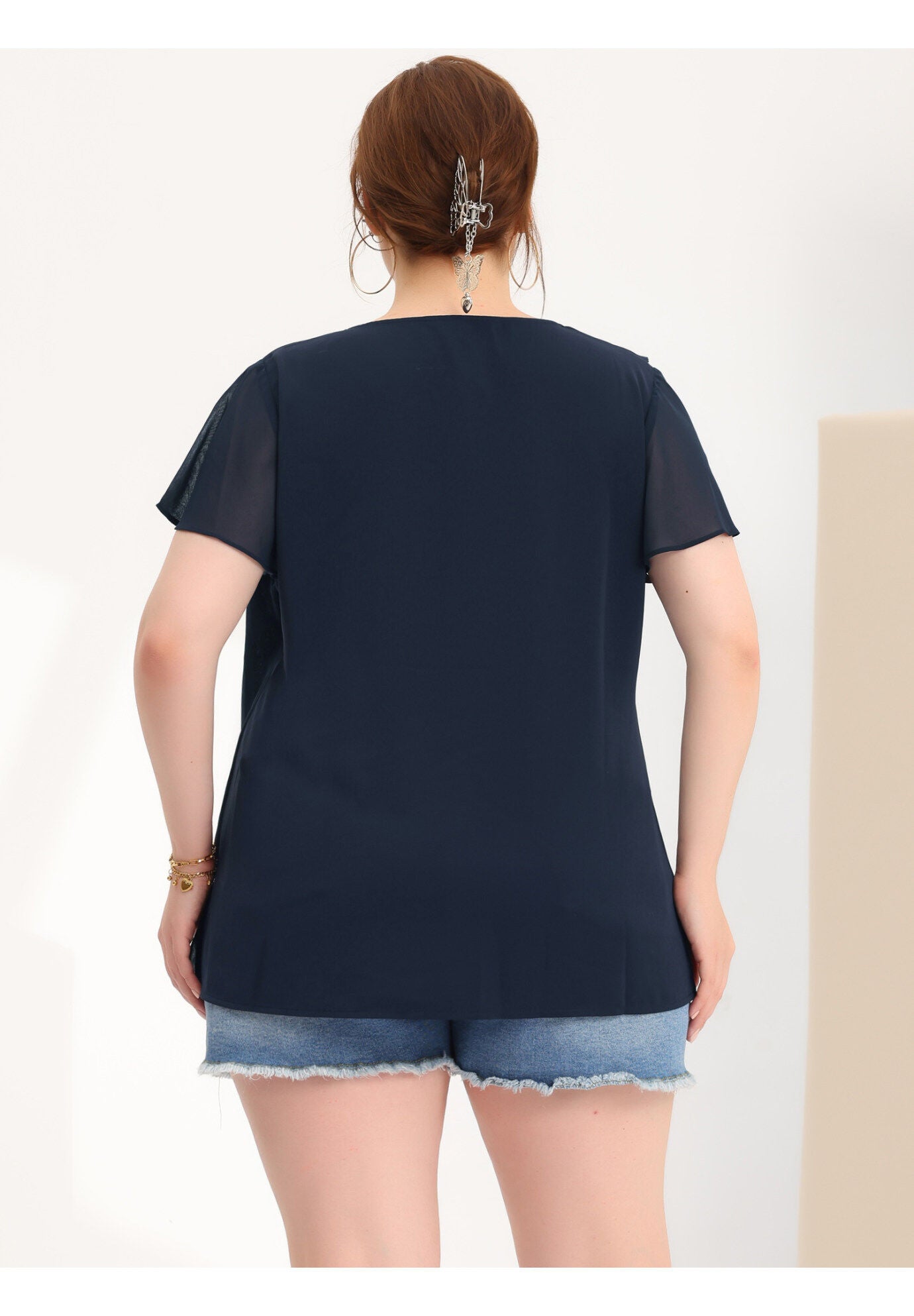Flutter Sleeves Blouse V Neck Layer Chiffon Ruffle Top, Navy Blue / Navy, alternate image number 3