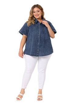 Jean Short Sleeve Button Down Top Denim Shirt