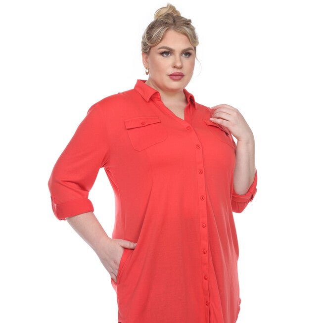Stretchy Button Down Tunic Top, Red / Red, alternate image number 3