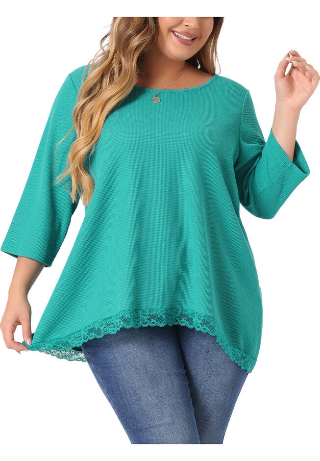 Waffle 3/4 Sleeve Lace Panel Loose High Low Hem Blouse Top, Blue Green / Turquoise, alternate image number null