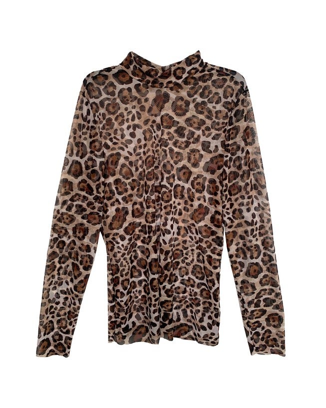 Mesh Leopard Mock Turtleneck, Leopard / Mocha, hi-res image number 0