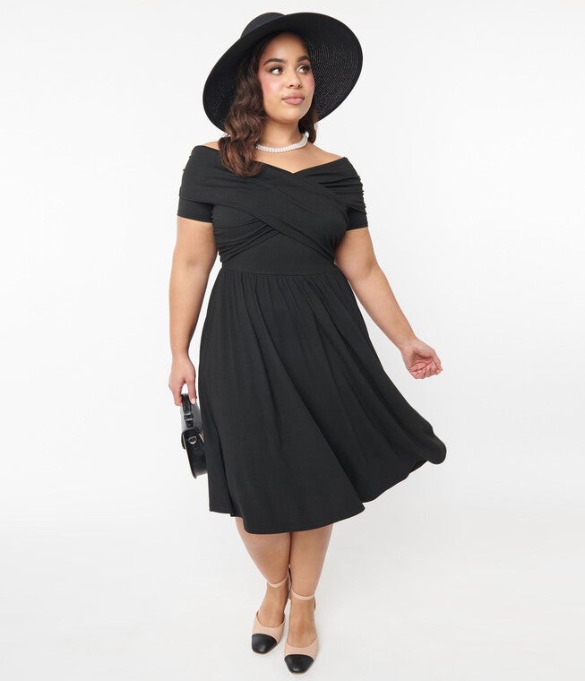 Unique Vintage Plus Size Black Shirred Swing Dress, Black / Black, alternate image number null