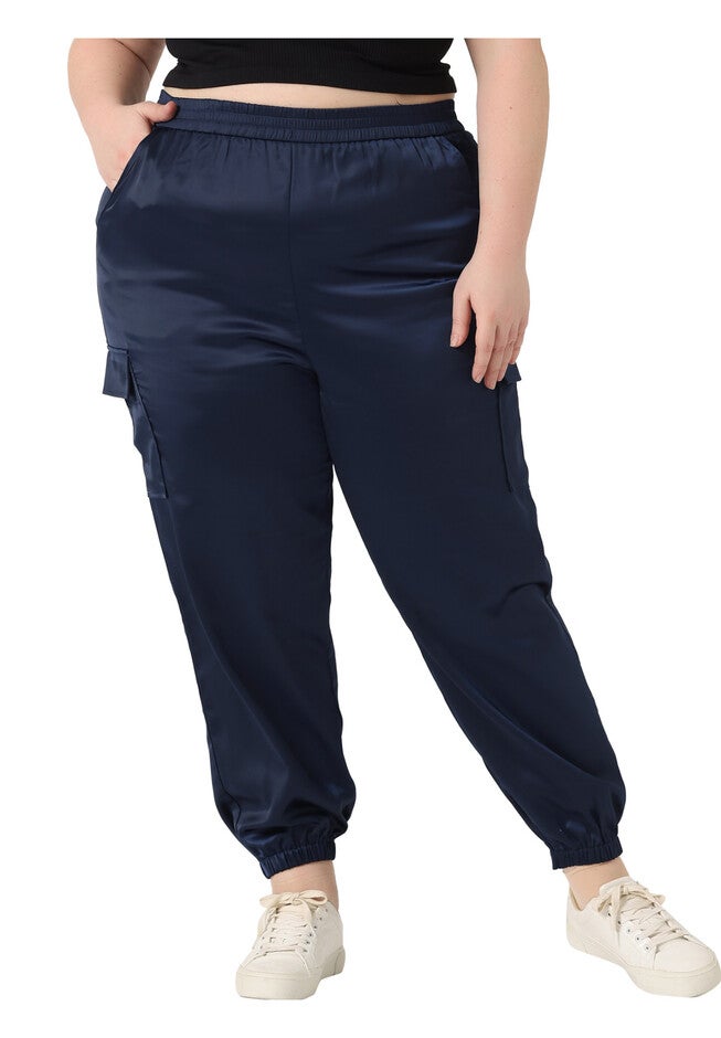 SATIN JOGGERS ELASTIC WAIST ATHLEISURE ANKLE LENGTH CARGO PANTS, Royal Blue / Royal Blue, alternate image number 1