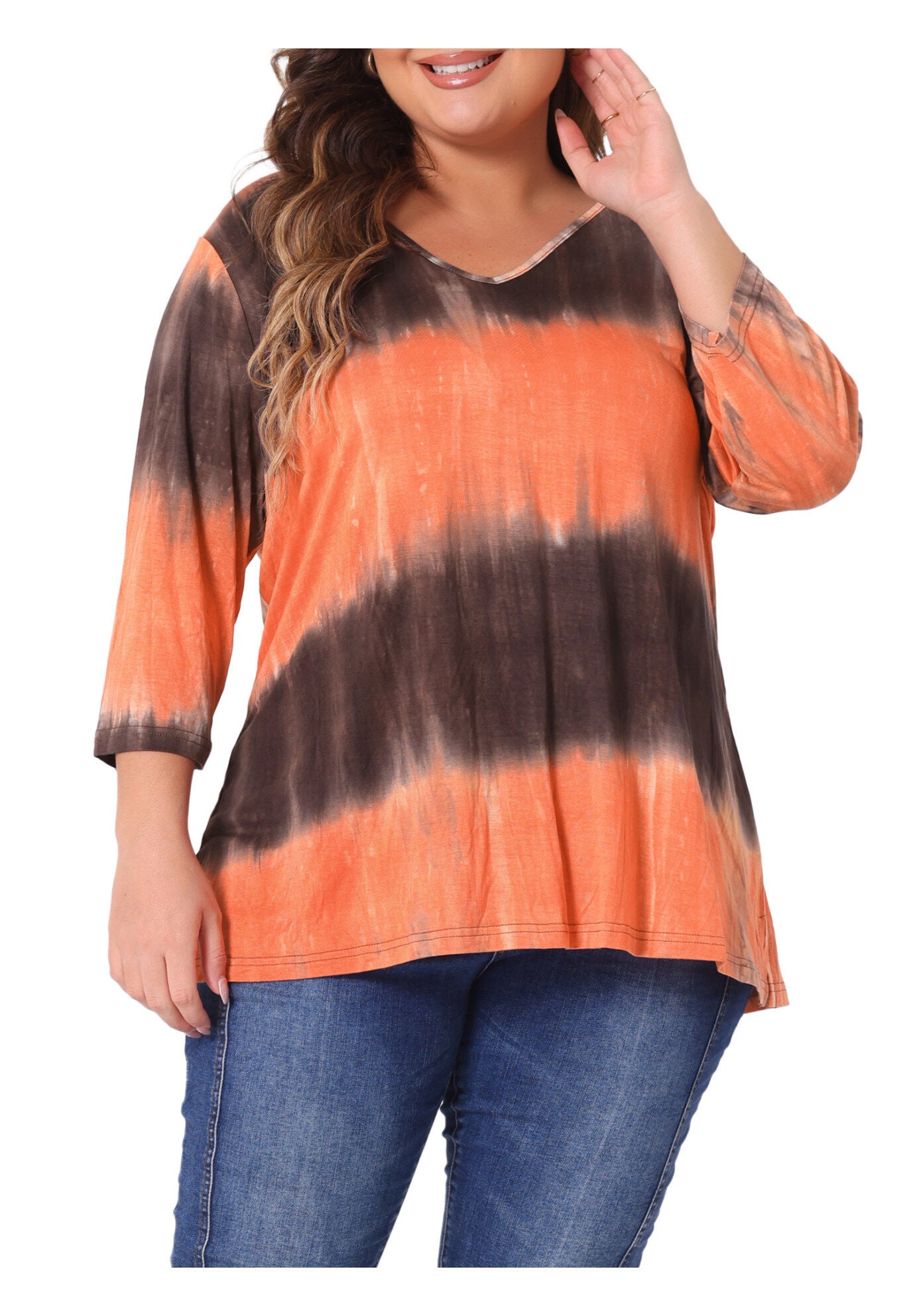 V Neck 3/4 Sleeve Loose Casual Striped Tie Dye Print T-Shirt Top, Orange / Orange, alternate image number 2