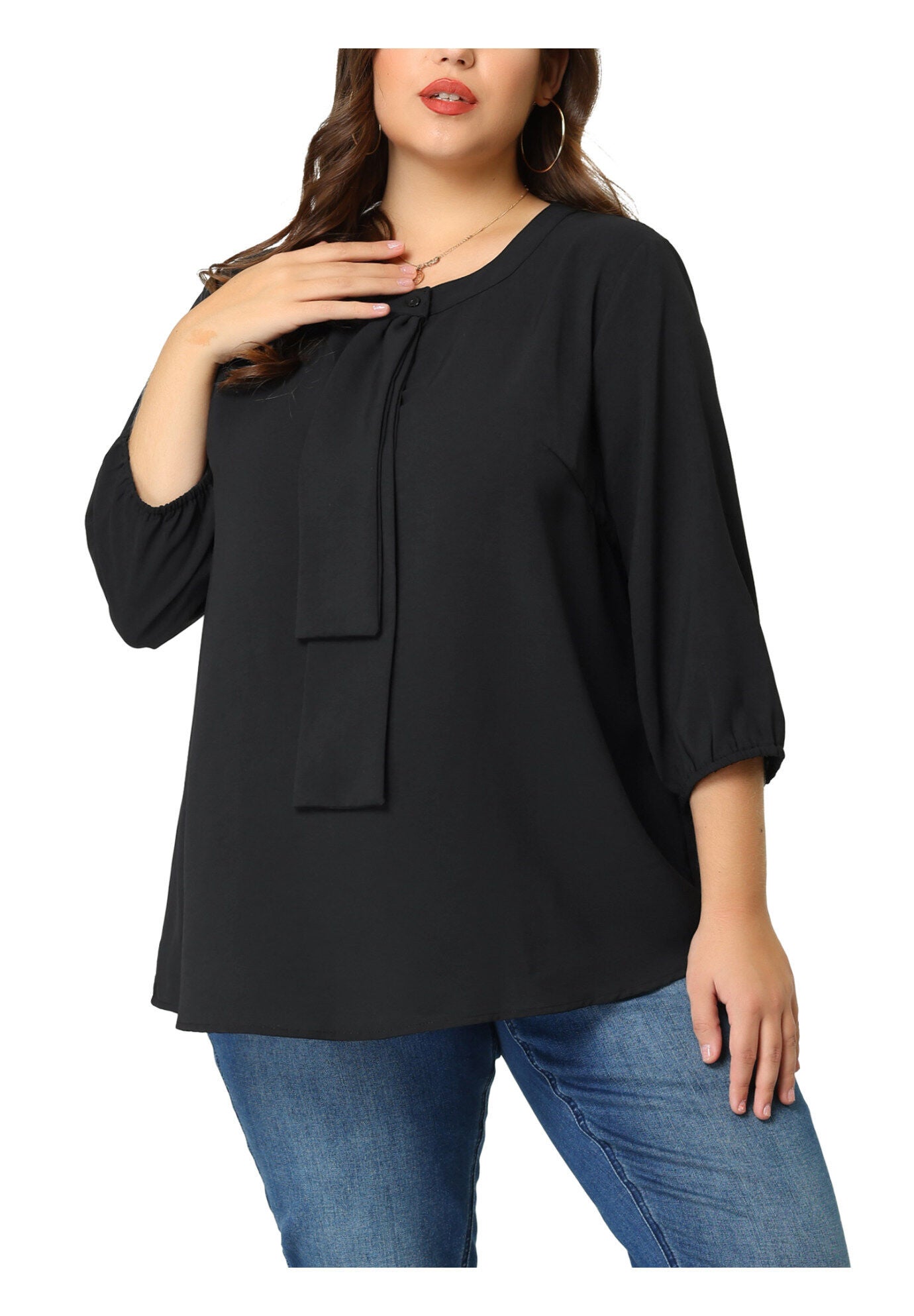 3/4 Sleeve Work Office Tie Front Ruffle Chiffon Blouse Top, Black / Black, alternate image number 2