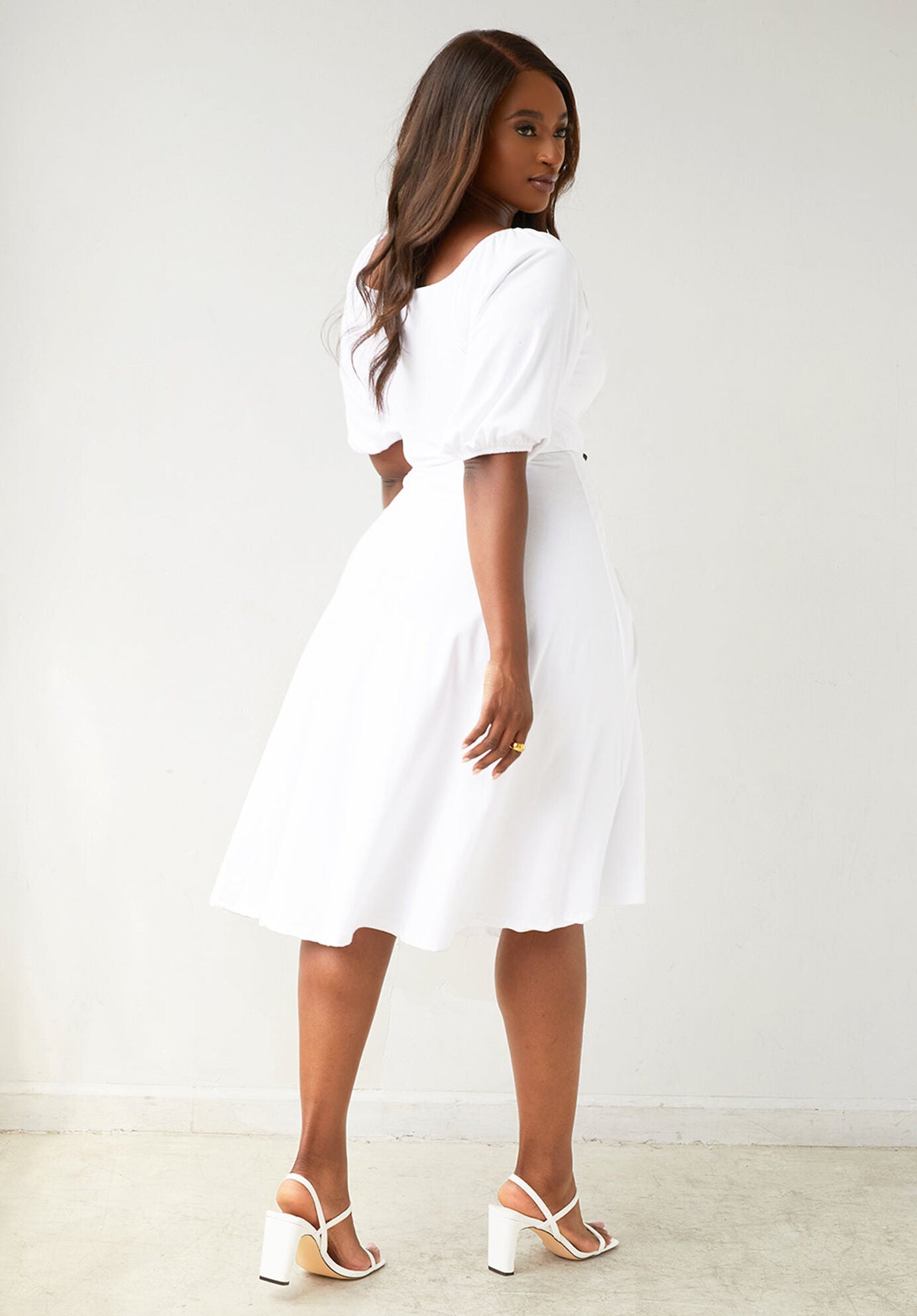 Samantha Puff Sleeve Midi A Line Dress, White / White, alternate image number 4