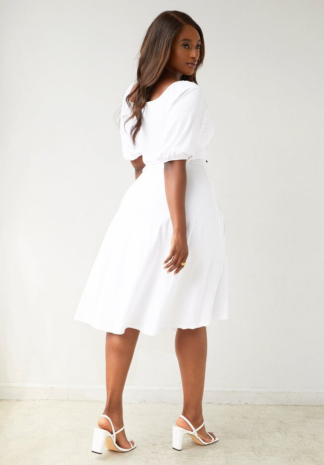 Samantha Puff Sleeve Midi A Line Dress, White / White, alternate image number 4