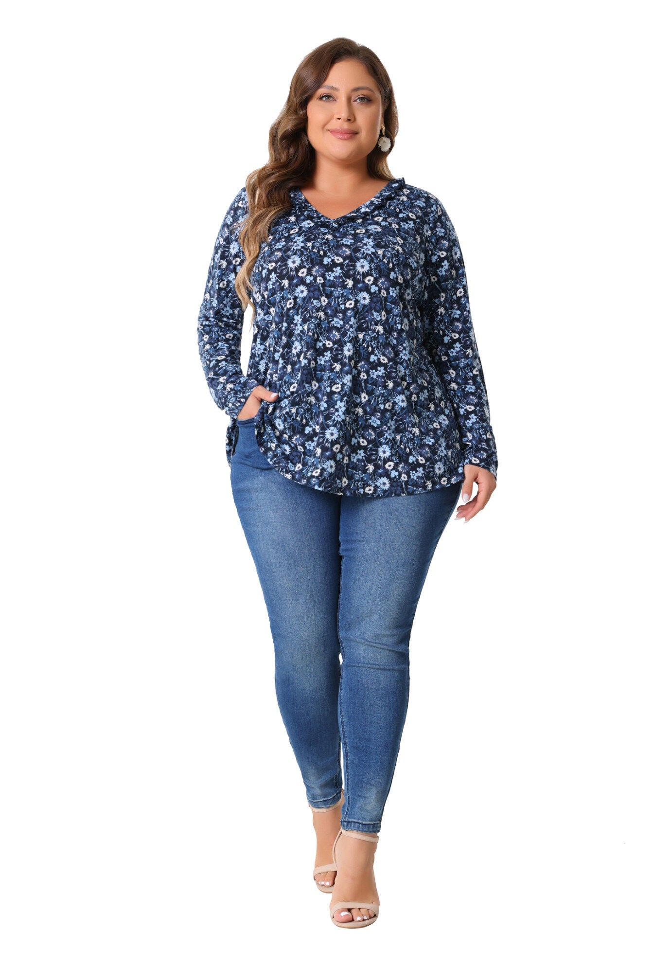 Floral V Neck Long Sleeve Ruffle Tunic Blouse Top, Navy Blue / Navy, hi-res image number 0