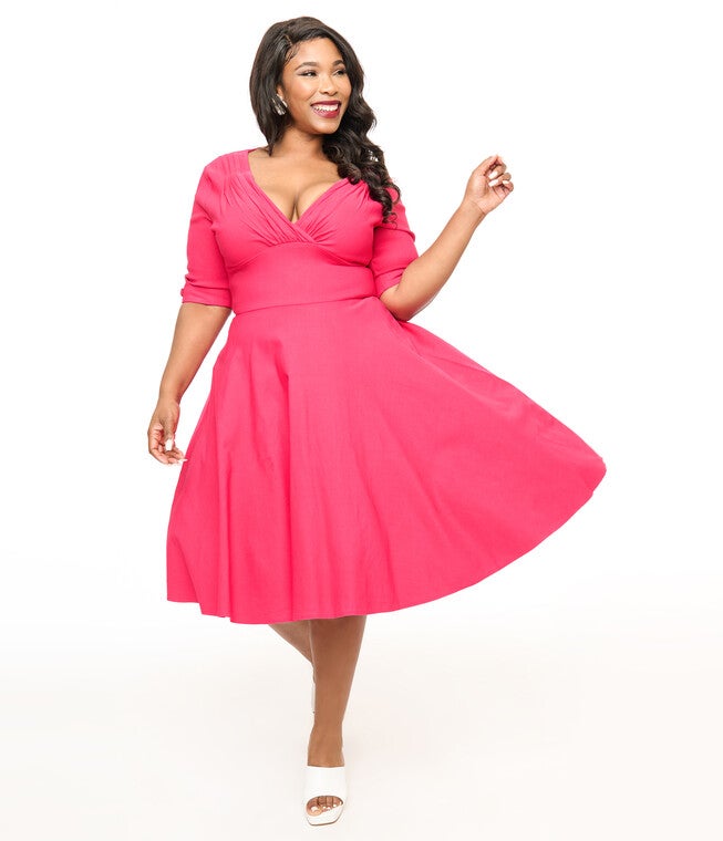 Unique Vintage Plus Size 1950s Hot Pink Delores Swing Dress, Pink / Pink, hi-res image number 0