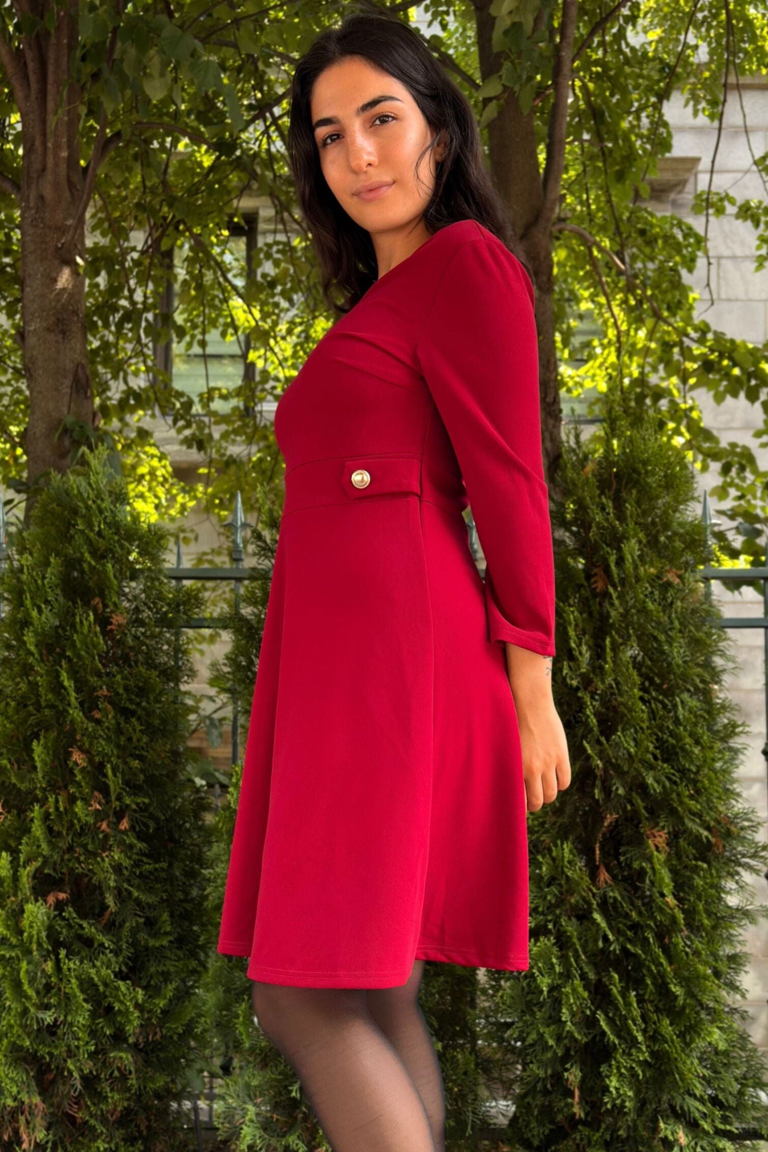 Nathalie A-Line Dress V-Neckline Structured Fit Gold Button Detail, RED / Red, alternate image number 3