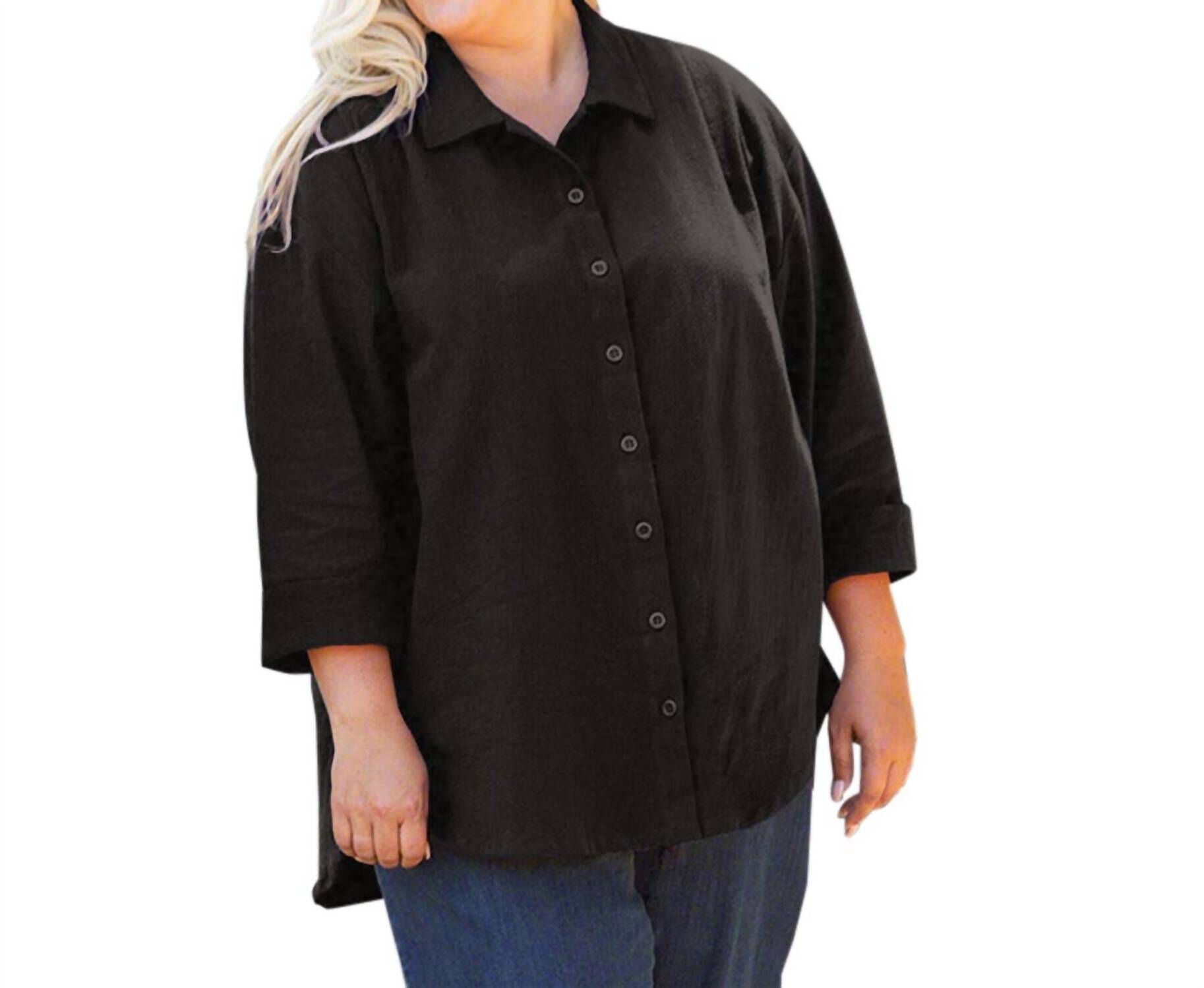 3/4 SLEEVE CRINKLE COTTON LONG SLEEVE BUTTON UP, Black / Black, hi-res image number 0