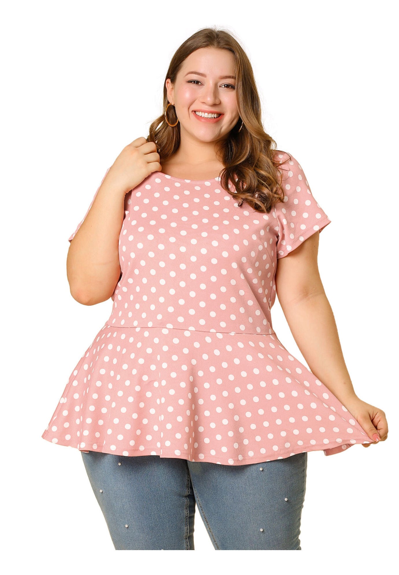Casual Short Sleeve Polka Dots Peplum Tops Shirts, Pink / Pink, alternate image number 2