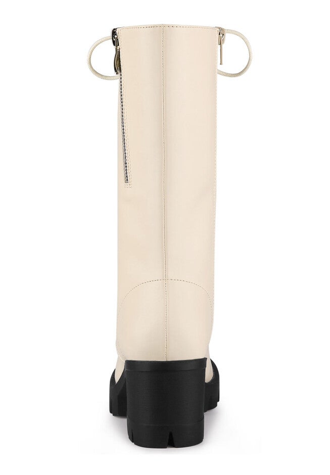 Lace Up Platform Chunky Heel Mid Calf Combat Boots, Beige / Beige, alternate image number 2