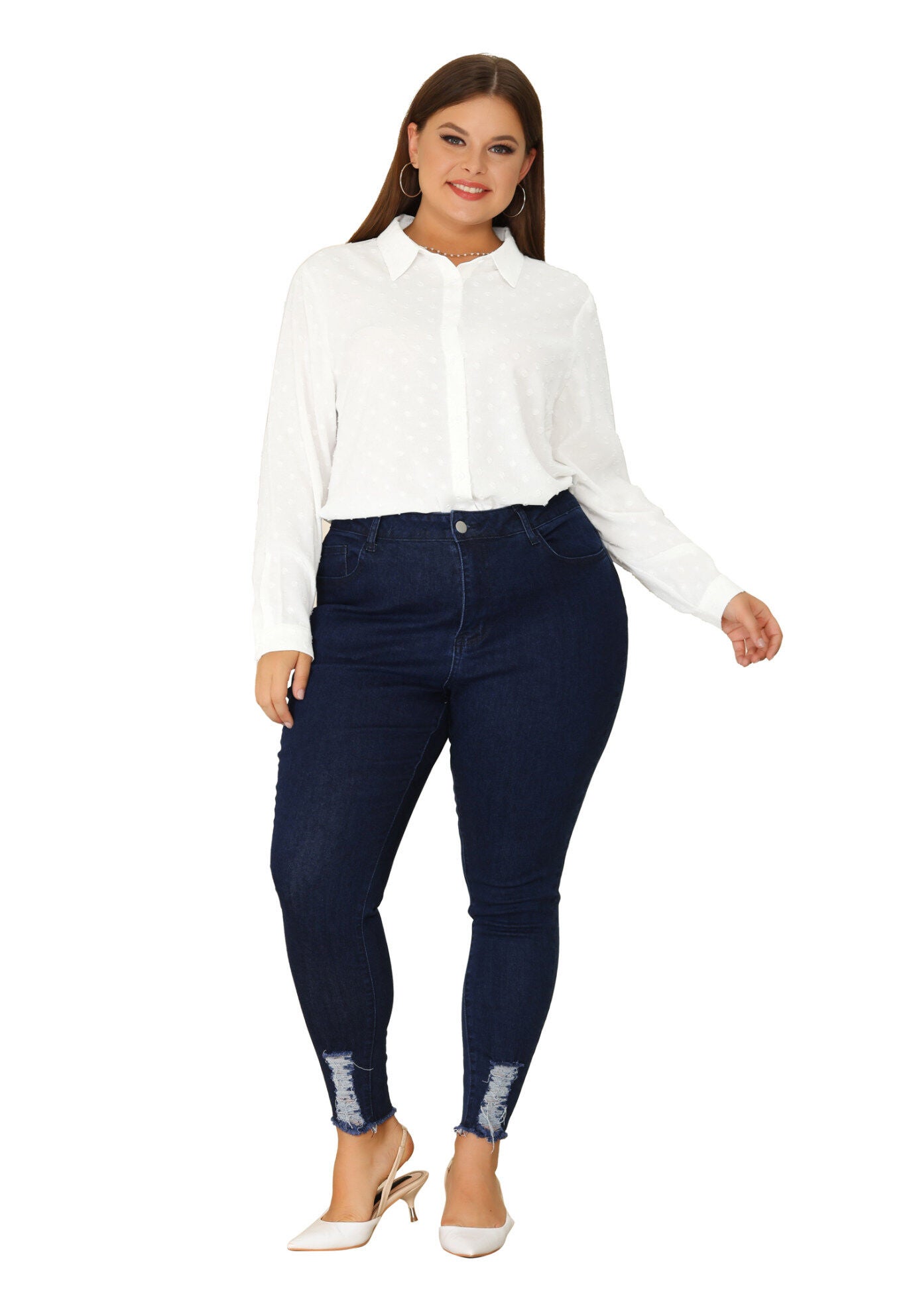 Swiss Dots Long Sleeve Button Down Shirt Blouse, White / White, hi-res image number 0