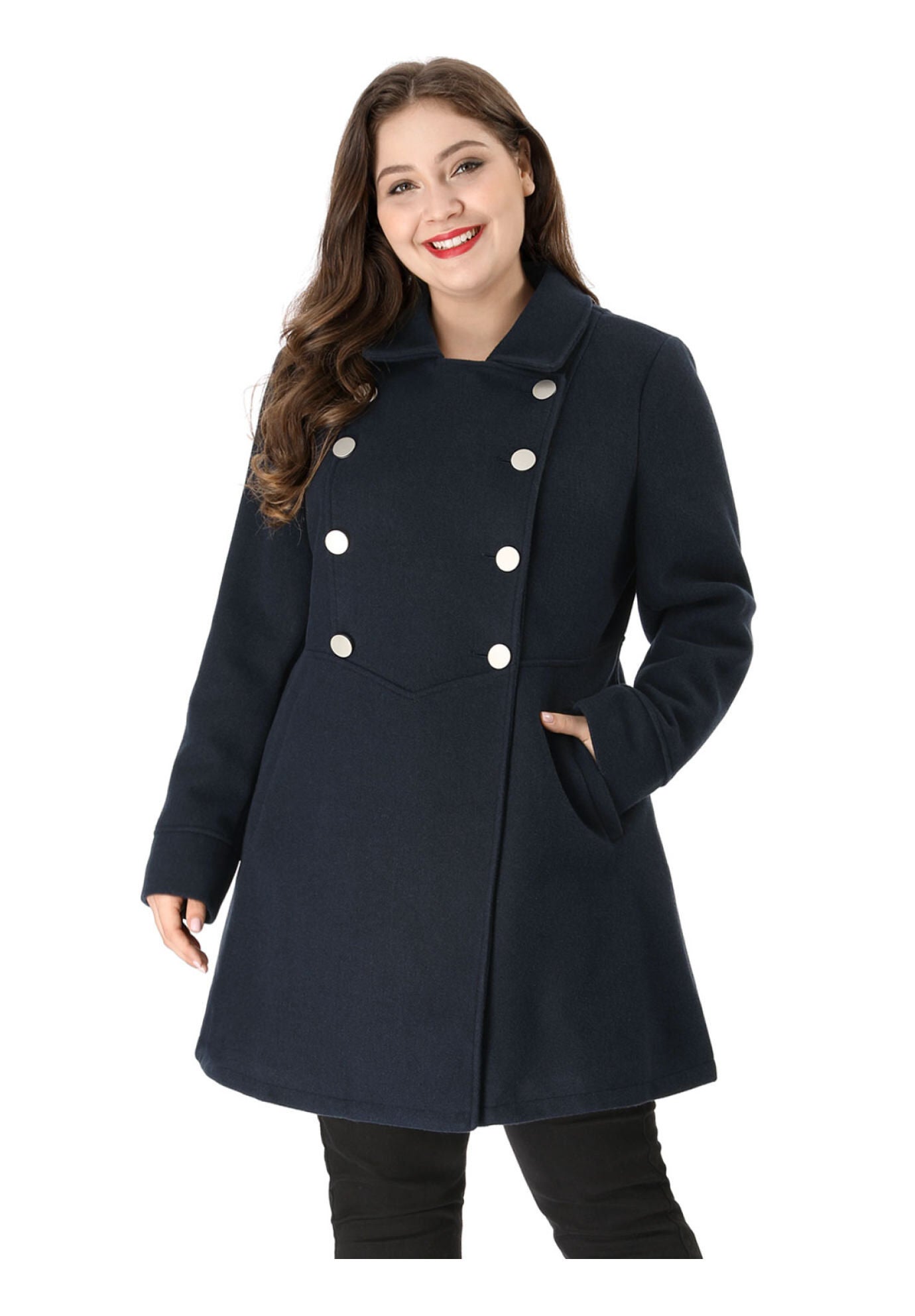 A-Line Peter Pan Collar Double Breasted Peacoat, Navy Blue / Navy, alternate image number 2
