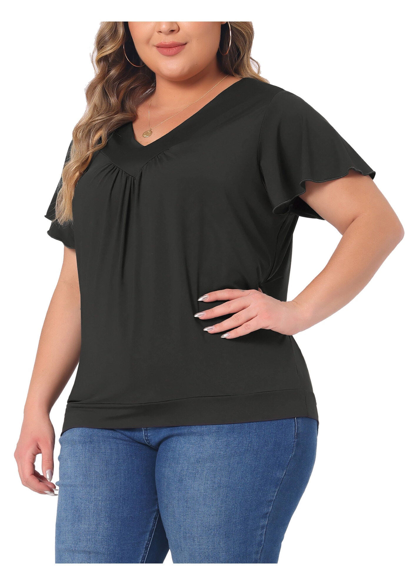 V Neck Ruffle Short Sleeve T-Shirt Top, Black / Black, alternate image number 2