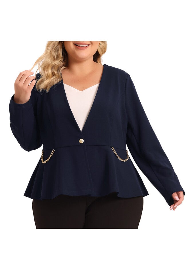 BUTTON CHAIN OFFICE PEPLUM BLAZER, Navy Blue / Navy, alternate image number null