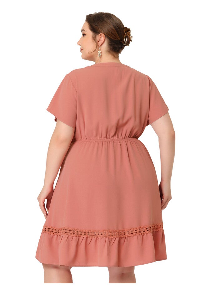 Button V Neck Summer Midi Ruffle A Line Swing Dress, Pink / Pink, alternate image number 3