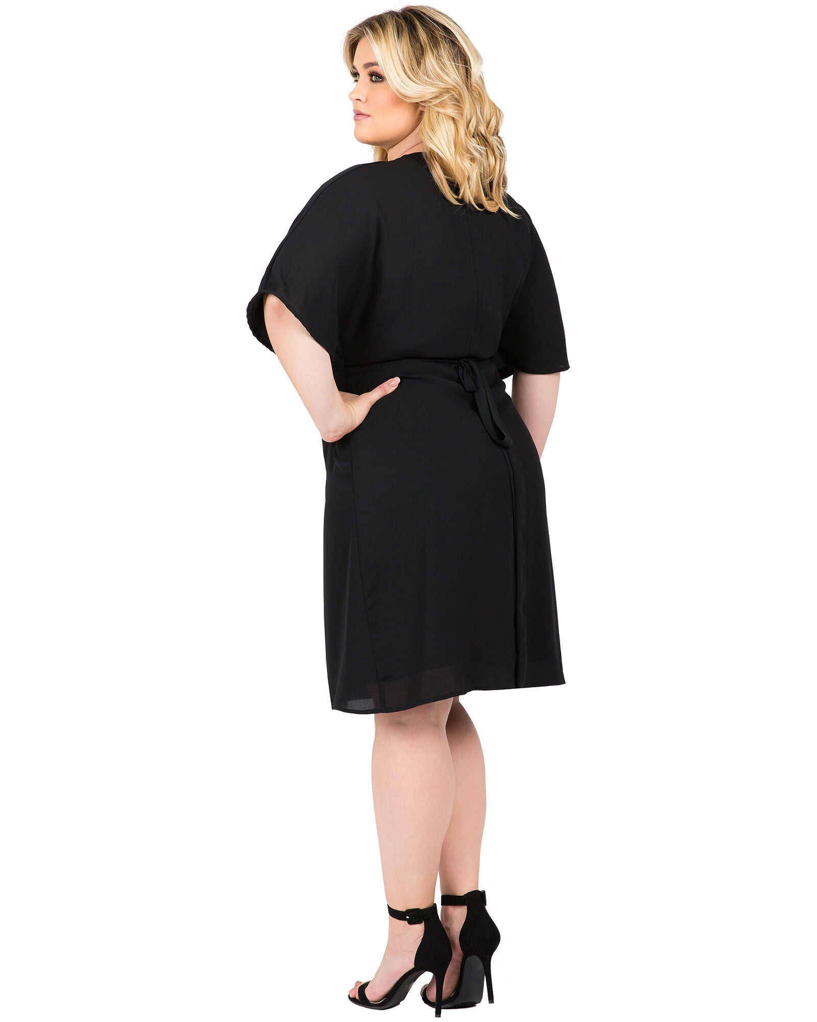 Plus Size Candice V-Neck Kimono Wrap Midi Dress, BLACK / Black, alternate image number 3