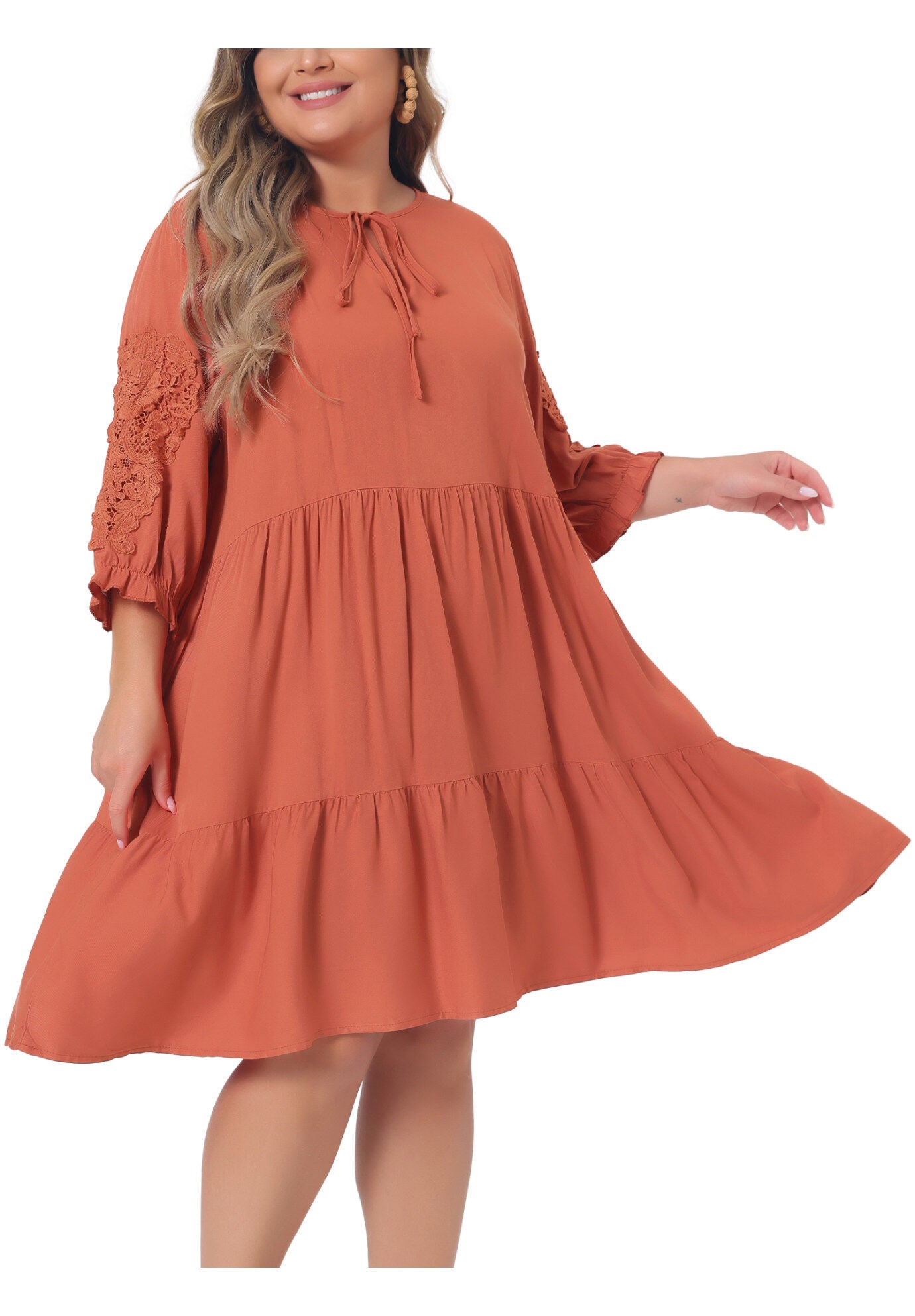 TIE NECK LACE SLEEVE RUFFLE MIDI FLOWY DRESS, Orange / Burnt Orange, alternate image number 2