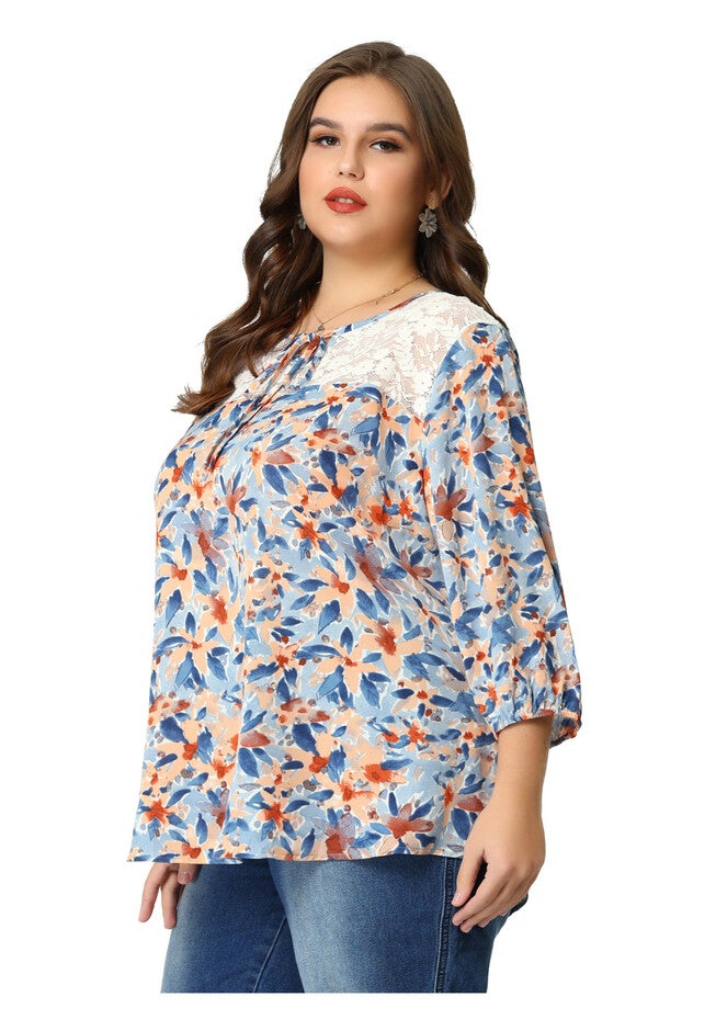 3/4 Sleeve Tie Neck Lace Floral Summer Blouse, Beige / Beige, alternate image number 3