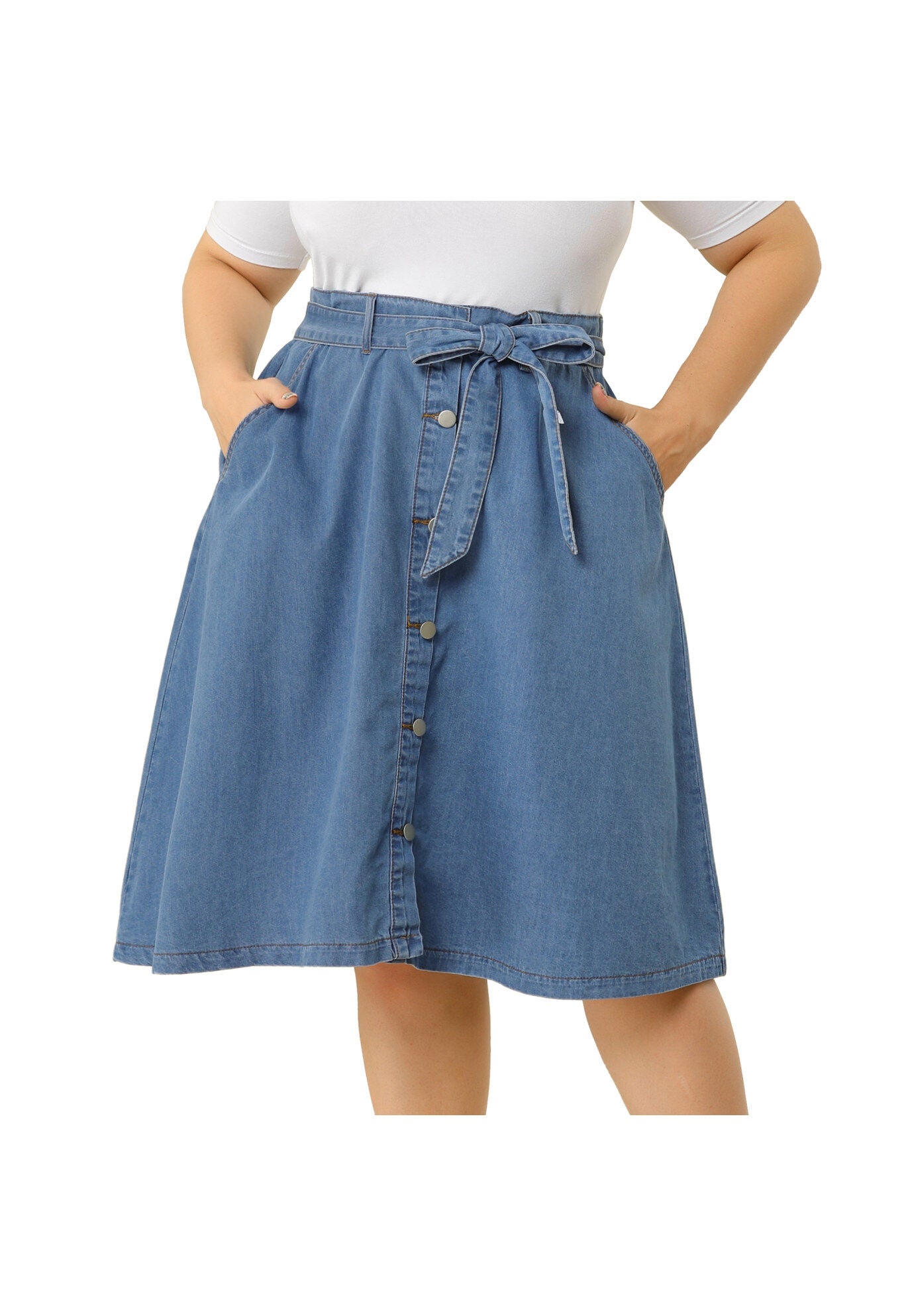 TIE WAIST A-LINE MIDI JEANS DENIM SKIRT, Blue / Light Blue, alternate image number 1