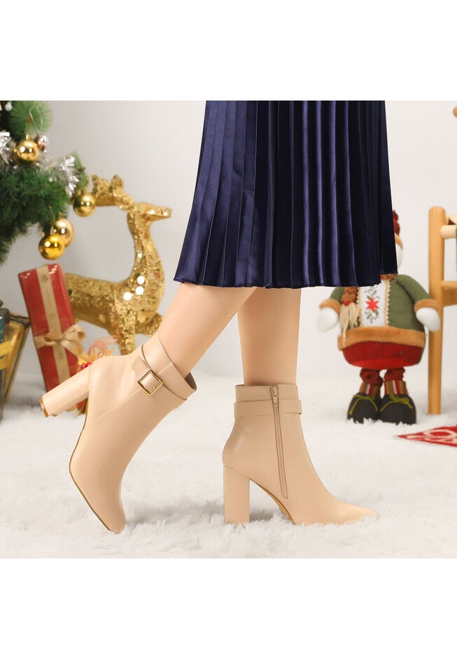 POINTED TOE BUCKLE DECOR BOOTIES, Beige / Beige, alternate image number null