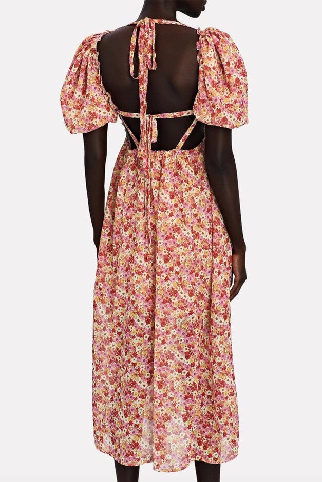 FELICIA FLORAL-PRINT TIE-BACK MIDI DRESS IN RED, Red / Pink, alternate image number null