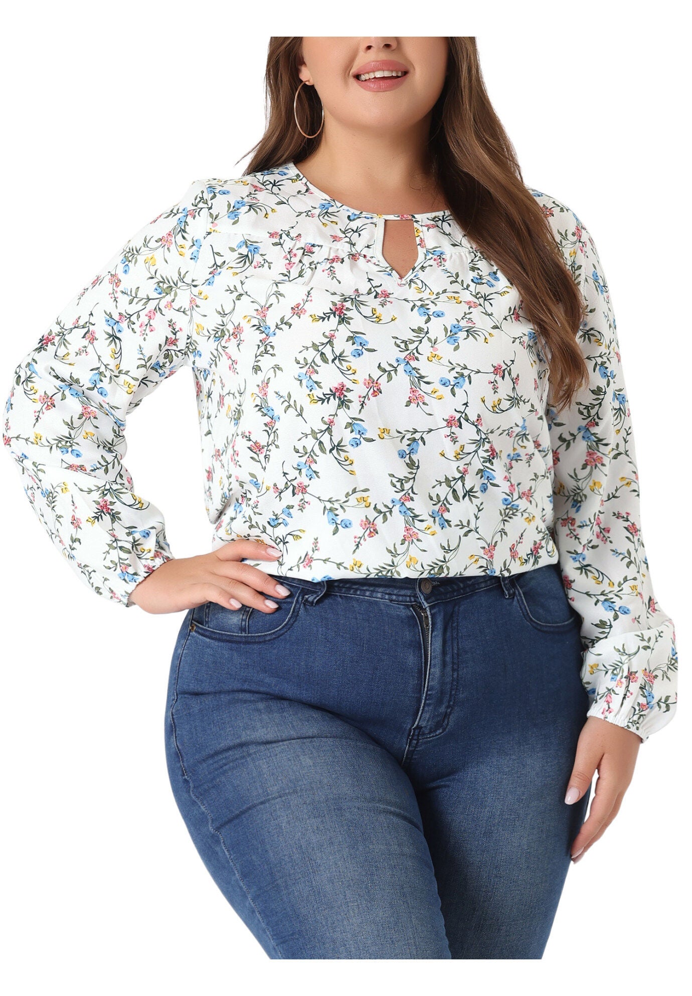 Chiffon Long Sleeve Keyhole Blouse Floral Top, White / White, alternate image number 2