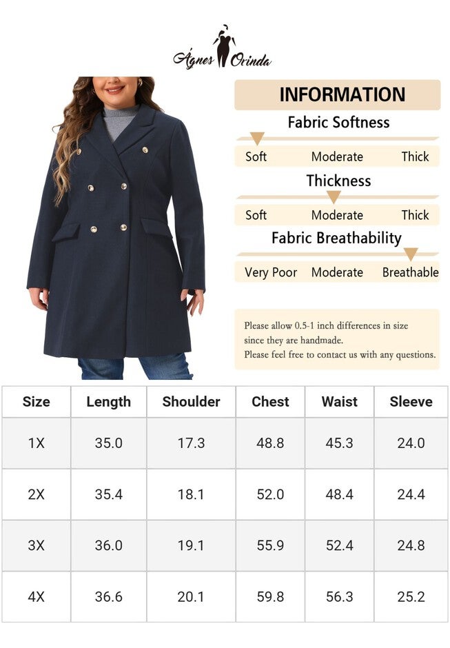 Double Breasted Notch Lapel Elegant Long Peacoat, Navy Blue / Navy, alternate image number 4