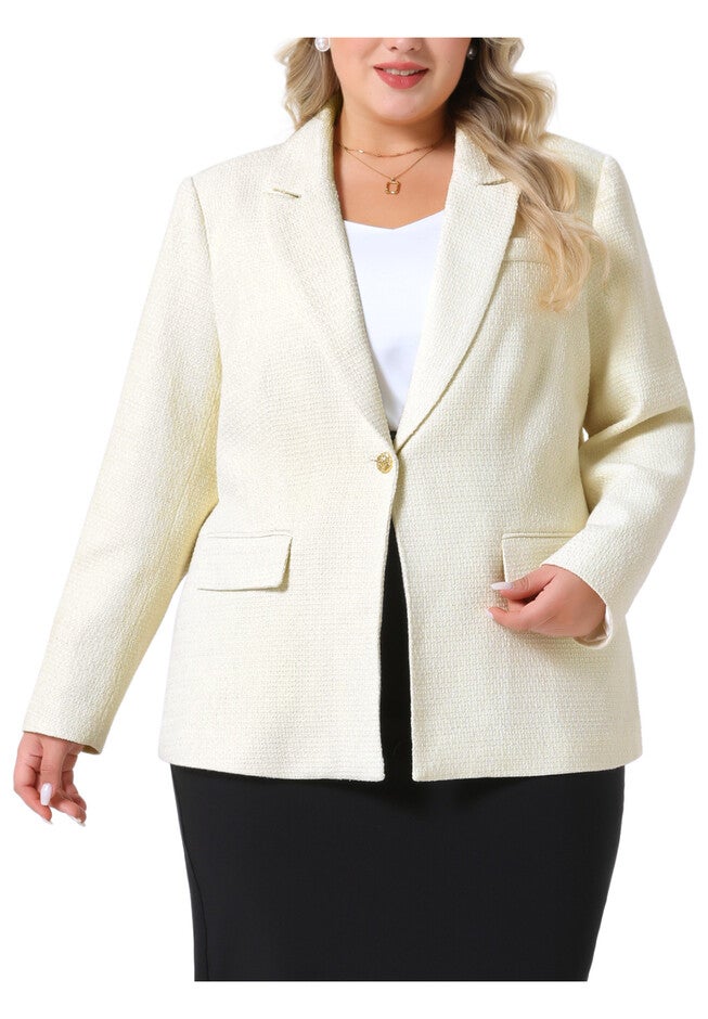 One Button Tweed Blazers Long Sleeve Work Jackets, Beige / Beige, alternate image number null