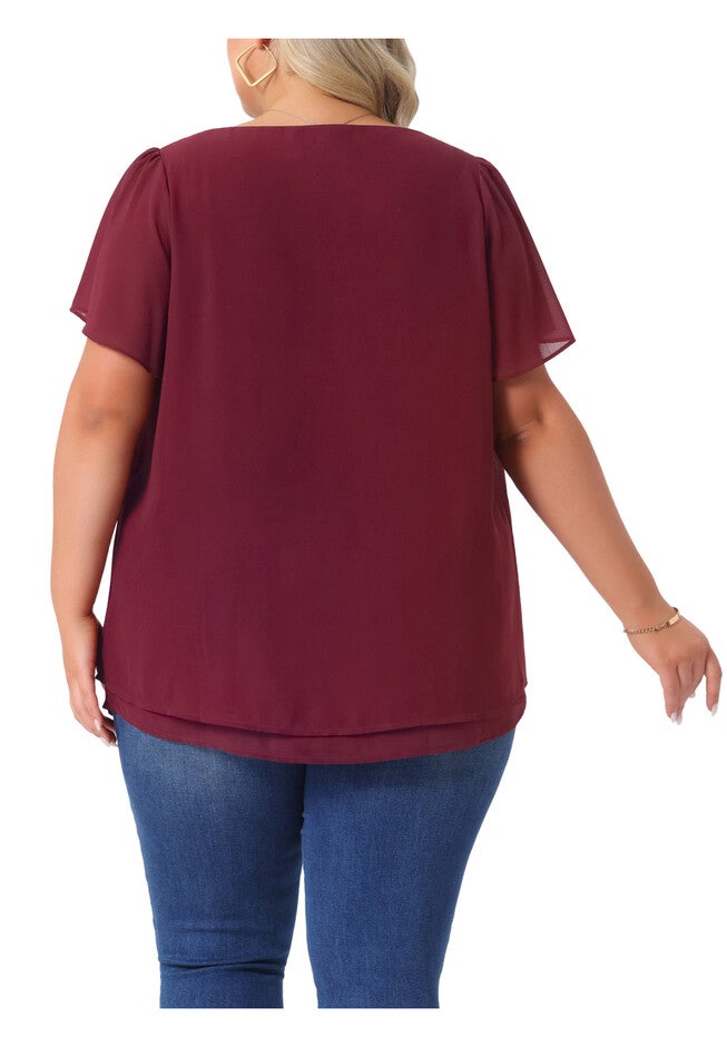 Ruffle Short Sleeve Double-Layered Chiffon Blouse, Burgundy / Burgundy, alternate image number 3