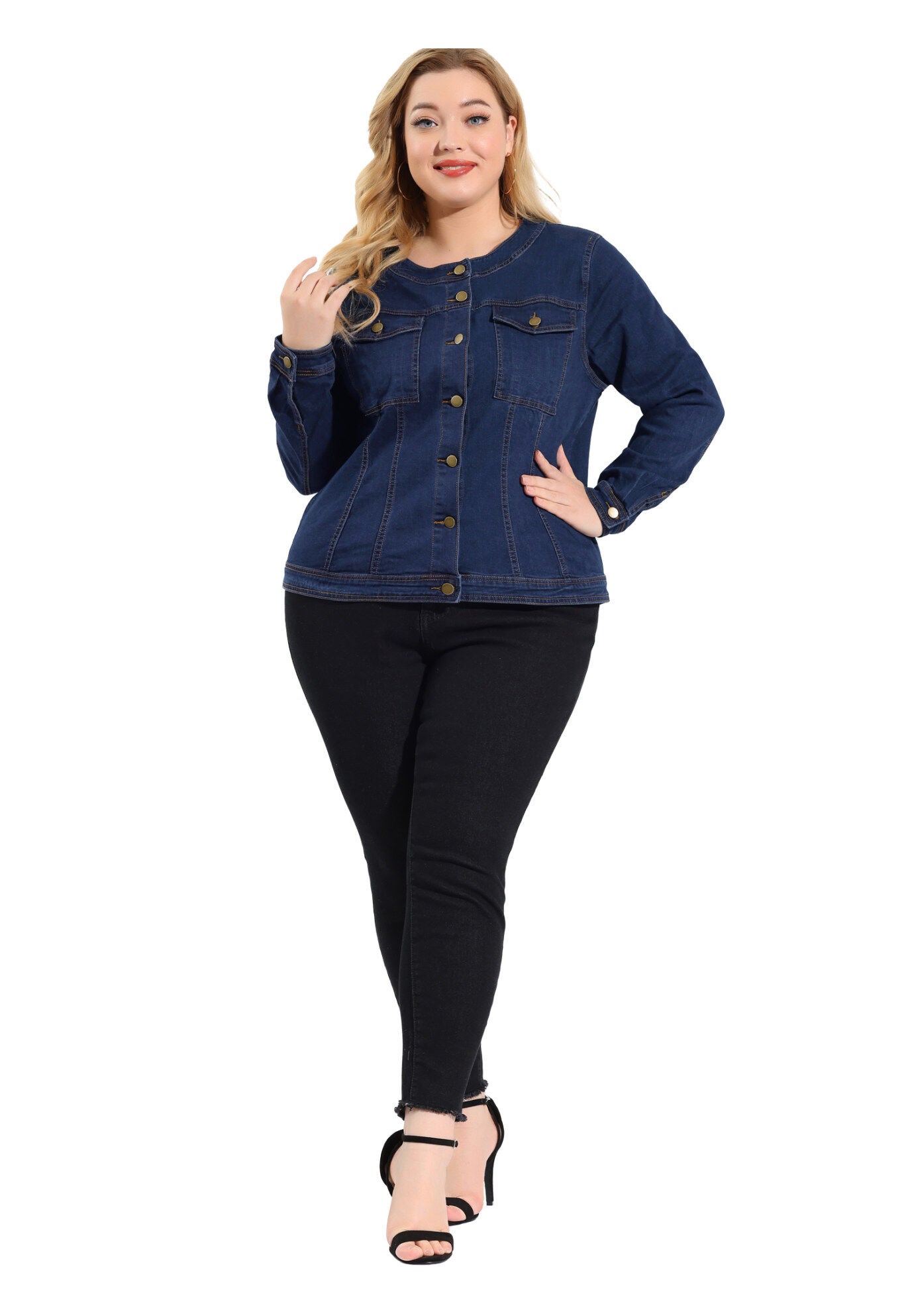 COLLARLESS DENIM JACKET, Blue / Azure Blue, hi-res image number 0