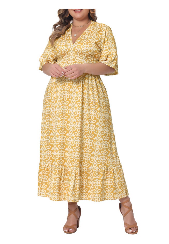 Bell Sleeve Ruffled Hem V Neck Short Sleeve Boho A Line Long Dress, Yellow / Yellow, alternate image number 1