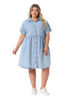 Denim Babydoll Tiered Short Sleeve Button Down Jean Shirt Dress