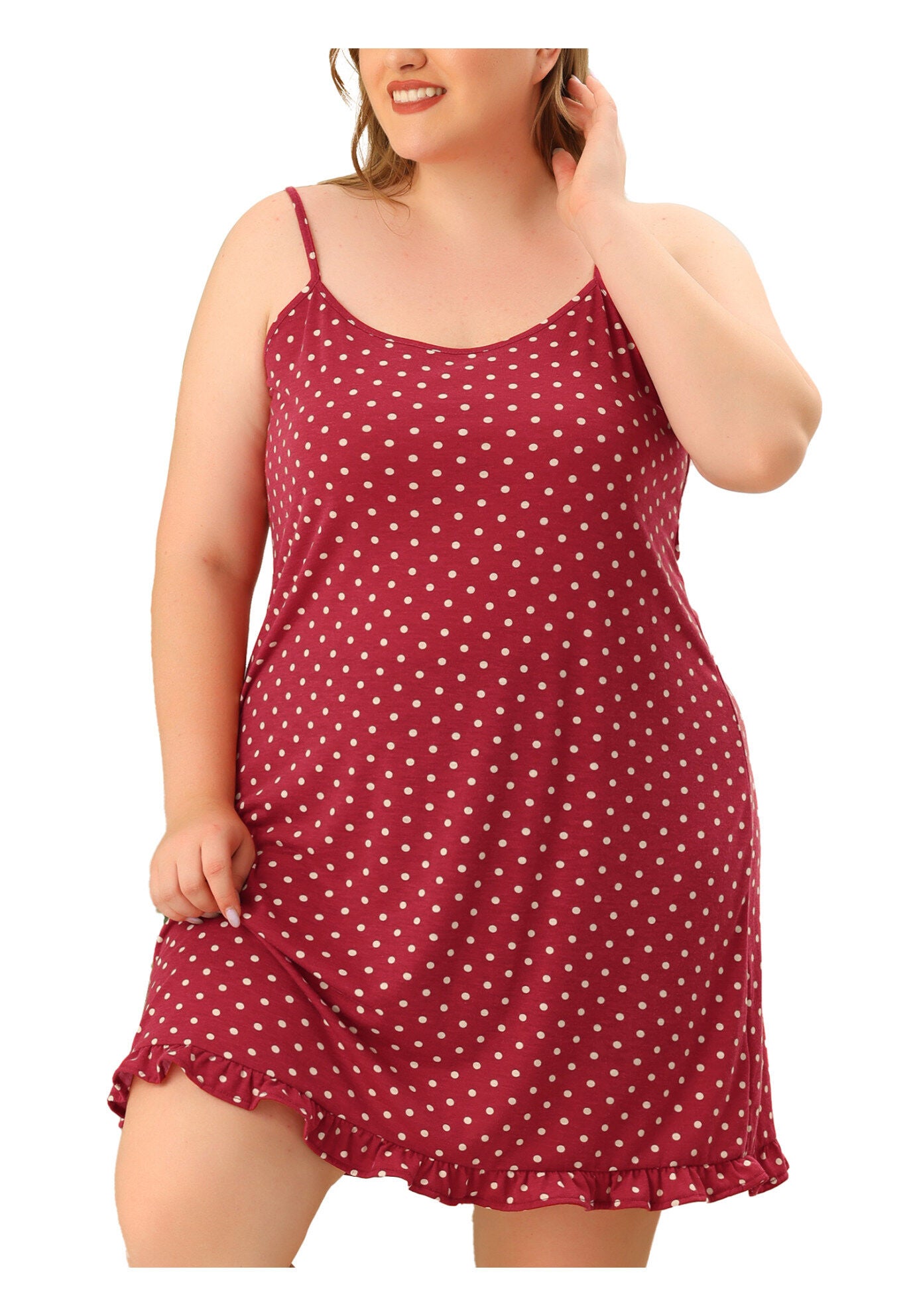 Sleeveless Polka Dots Ruffle Hem Cami Sleepwear Dress, Burgundy / Burgundy, alternate image number 2