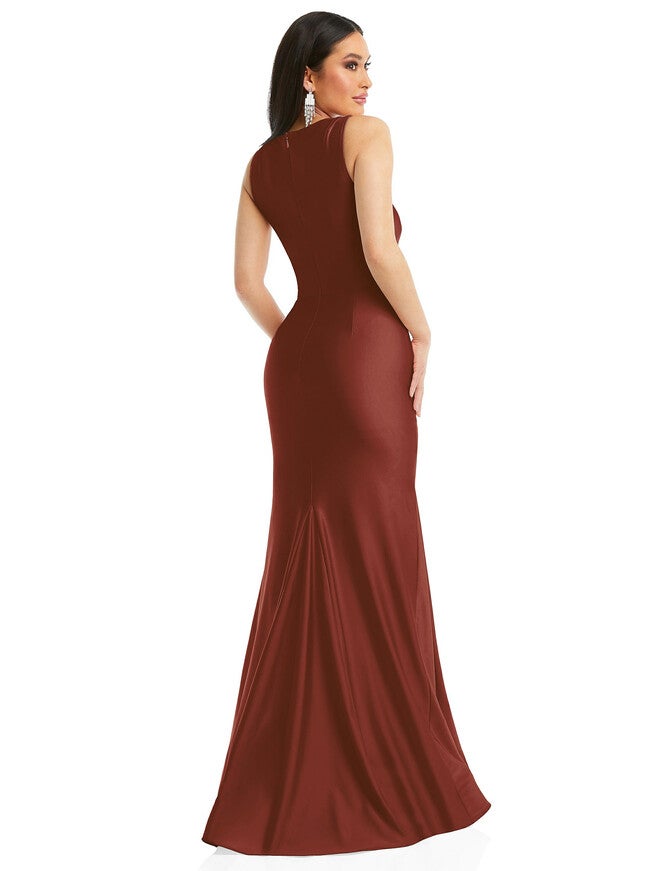 Square Neck Stretch Satin Mermaid Dress with Slight Train, Auburn Moon / Terracotta, alternate image number 3