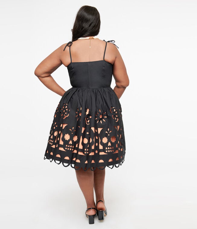 1950s Black & Orange Dia De Los Muertos Cutout Bobbie Swing Dress, Black Orange / Black, alternate image number 1
