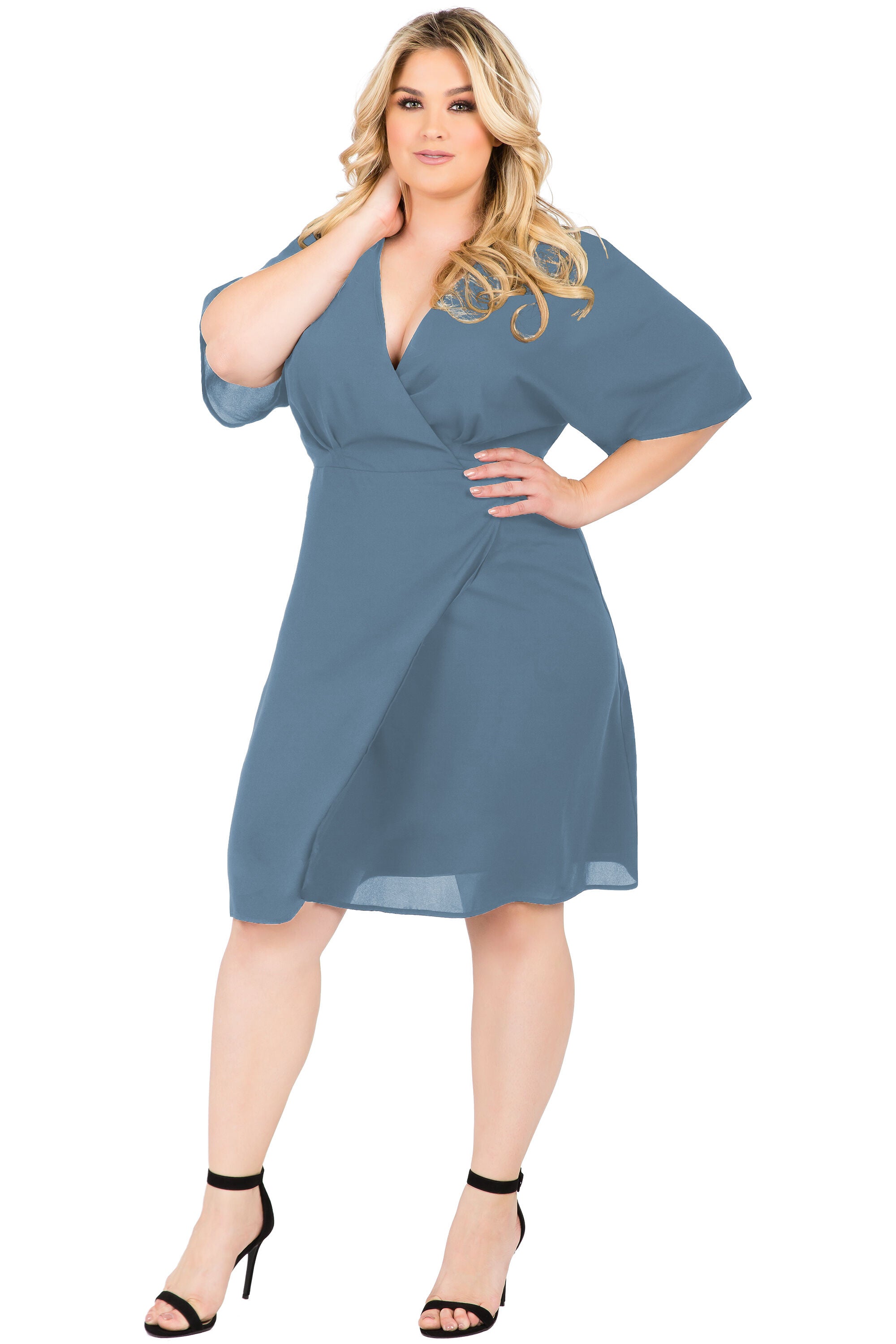 Plus Size Candice V-Neck Kimono Wrap Midi Dress, Slate / Light Blue, alternate image number 4