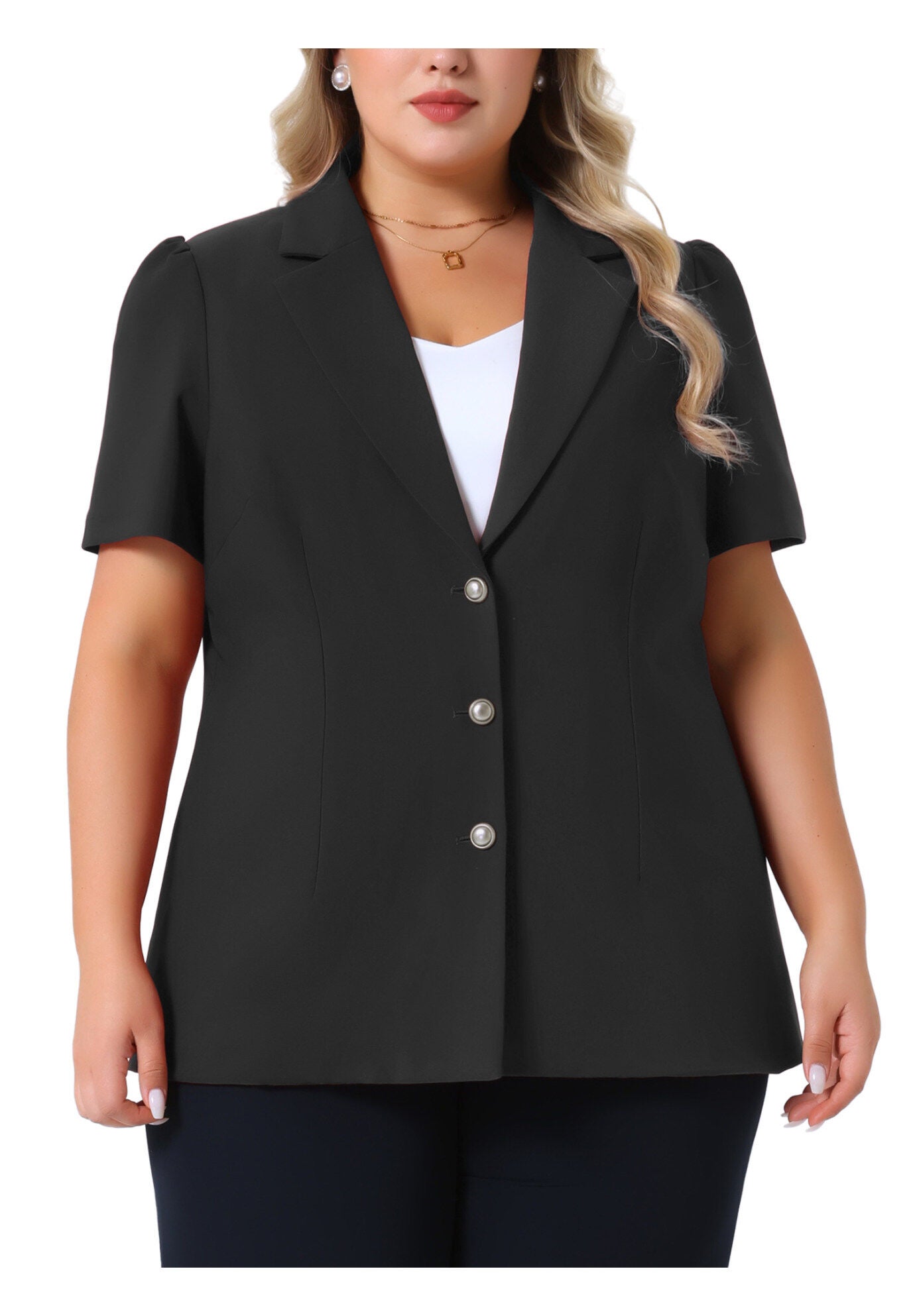 Notched Lapel Short Puff Sleeve Blazer Jackets, Black / Black, alternate image number 2