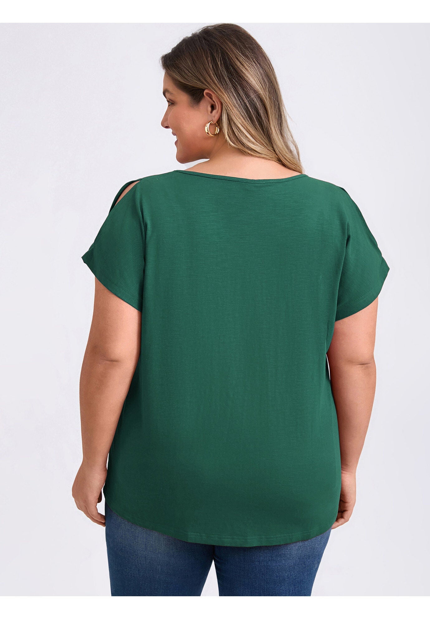 Front Pleated V Neck Slit Sleeve Blouses Cold Shoulder Casual Summer Tee Top, Dark Green / Forest Green, alternate image number 2
